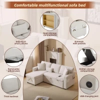 3 Seater Corner Sofa with Integrated Side Shelf and Built-in USB, Modular Sofa with Footstool and 3 Cushions, 214L x 131W x 87H cm, Beige(m-6)