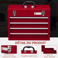 DURHAND Boite à outils métallique coffret à outils caisse à outils 4 tiroirs + plateau tôle acier 51 x 22 x 39,5 cm rouge(m-4)