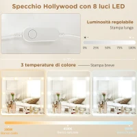 HOMCOM Toeletta Trucco con Specchio Stile Hollywood, 8 Luci LED, 7 Cassetti e Sgabello Imbottito, Bianco(m-4)