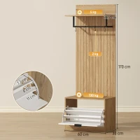 HOMCOM Móvel de Entrada com Banco, Sapateira e Cabideiro com 4 Ganchos, 60x30x170 cm, Carvalho e Branco(m-3)