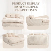 Oversized Chaise Longue Sofa with 3 Throw Cushions and Wide Armrests, Chair with Shredded Memory Foam Seat, 155L x 125W x 63H cm, Beige(m-7)