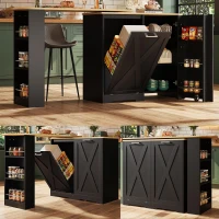 360° Rotating Kitchen Island with Folding 3D Textured Doors and Side Shelves, Swivel Sideboard for Kitchen, 138L x 38W x 105.5H cm, Black(m-7)