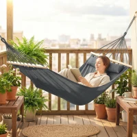 Outsunny Cotton Hammock, Soft Portable Swing Sleeping w/ Headrest & Side Pocket, Dark Grey(m-2)