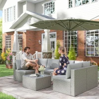 Outsunny 7 Pieces Rattan Garden Furniture Set, 6 Seater Garden Corner Sofa with Cushions and Glass Top Table, Sectional Outdoor Furniture Conservatory Set for Patio, Grey(m-2)