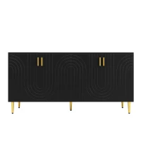 Modern Sideboard with 4 Doors, 2 Drawers and Wave-front Design, MDF Storage Unit with Metallic Handles and Feet, 152L x 40W x 75H cm, Black(m-2)