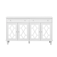 Sideboard mit vier Spiegeltüren, Schubladenschrank mit Schubladen und Kristallgriffen, 140 x 40 x 83 cm, Weiß