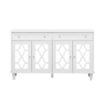 Credenza buffeti con 4 ante a specchio e maniglie in cristallo, 140x40x83 cm, Bianco(m-2)