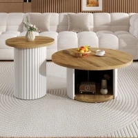 Set da 2 tavolini da salotto rotondi con vano portaoggetti integrato, 75x75x50/45x45x35 cm, color legno(m-1)