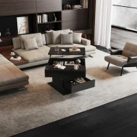 Tavolino da salotto girevole 360° con piano sollevabile, spazio a scomparsa e cassetto, 70x70x45 cm, Nero(m-1)