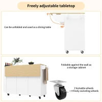 Modern Kitchen Island with Aluminium Handles and 2 Lockable Castors, Serving Trolley with Fold-Out MDF Worktop, 110L x 42W x 90H cm, White(m-6)