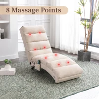 Modern Chaise Longue with Side Storage Pocket and Fixed 140° Backrest, Linen Deck Chair for Living Room, 148L x 55W x 87H cm, Beige(m-6)