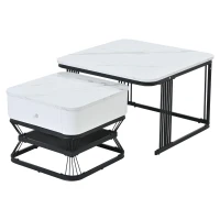 Set 2 tavolini da caffè con cassetto integrato, 70x70x45 cm/50x50x40 cm, Bianco e Nero(m-2)