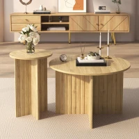 Set 2 tavolini da salotto annidiati con piani rotondi e struttura laterale verticale, 76x76x50 cm/40x40x56,5 cm, color legno(m-1)
