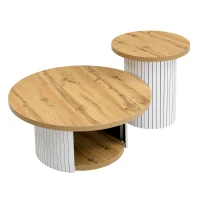 Set da 2 tavolini da salotto rotondi con vano portaoggetti integrato, 75x75x50/45x45x35 cm, color legno(m-10)