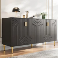 Modern Sideboard with 4 Doors, 2 Drawers and Wave-front Design, MDF Storage Unit with Metallic Handles and Feet, 152L x 40W x 75H cm, Black(m-1)