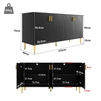 Modern Sideboard with 4 Doors, 2 Drawers and Wave-front Design, MDF Storage Unit with Metallic Handles and Feet, 152L x 40W x 75H cm, Black(m-3)