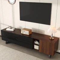 Dulap TV modern cu 4 uși, spațiu mare de depozitare, design vintage, 180x38x50 cm, Negru+Culoare naturală(m-4)