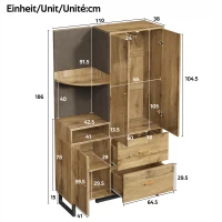 Armario ropero con estantes abiertos, barra extraíble para ropa, 2 amplios cajones, 110x38x186 cm, Color natural(m-3)