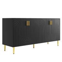 Modern Sideboard with 4 Doors, 2 Drawers and Wave-front Design, MDF Storage Unit with Metallic Handles and Feet, 152L x 40W x 75H cm, Black(m-10)