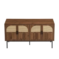 Bufet modern cu ratan, cu 4 uși și mult spațiu de depozitare, design retro-natural, 140x40x80 cm, Culoare naturală(m-10)