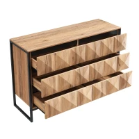 Sideboard mit 6 Schubladen, schwarzem Metallrahmen und geometrischen Schubladenfronten, 120 x 40 x 80 cm, Naturfarbe(m-7)
