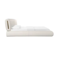 Karol Super King Bed Frame with Vegan Leather Upholstery, Bed Base with Slatted Support Base Included, 231.5L x 209W x 94H cm, Cream(m-7)