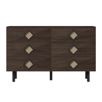 Masă de machiaj cu 6 sertare, mânere din ratan, spațiu mare de depozitare, pentru dormitor și living, 120x40x74,5 cm, Culoare naturală