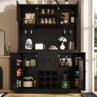 Tall Kitchen Cabinet with 4 Doors & 2 Smooth-Glide Drawers and Adjustable Shelves, Sideboard with Wine Racks, 120L x 40W x 188H cm, Black(m-1)