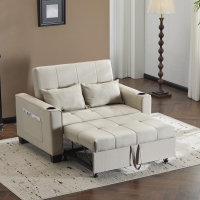 3-In-1 Convertible Pull-Out Sleeper with 3-Position Adjustable Backrest, 2 Seater Sofa Bed for Compact Room, 140L x 96W x 97H cm, Beige
