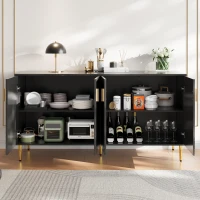 Modern Sideboard with 4 Doors, 2 Drawers and Wave-front Design, MDF Storage Unit with Metallic Handles and Feet, 152L x 40W x 75H cm, Black(m-7)