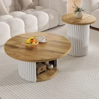 Set da 2 tavolini da salotto rotondi con vano portaoggetti integrato, 75x75x50/45x45x35 cm, color legno(m-5)