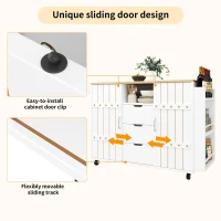 Modern Kitchen Island with Aluminium Handles and 2 Lockable Castors, Serving Trolley with Fold-Out MDF Worktop, 110L x 42W x 90H cm, White(m-5)