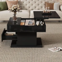 Tavolino da salotto girevole 360° con piano sollevabile, spazio a scomparsa e cassetto, 70x70x45 cm, Nero(m-5)