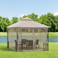 Outsunny 3 x 3(m) Garden Gazebo Patio Party Tent Shelter Outdoor Canopy Double Tier Sun Shade Metal Frame Netting, Beige(m-2)