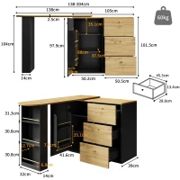Extendable Bar Table with Pull-Out System and Snack Compartment, Kitchen Island with Drawers and Shelves, 138L x 39W x 104H cm, Black+Natural(m-3)