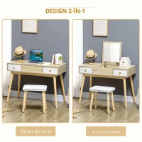 Homcom Set Masa Toaleta – Alb, Cu Oglinda Glisanta & Scaun Tapitat(m-4)