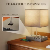 HOMCOM Bedside Lamp with USB A+C Charging Ports and 3 Phone Stands, Modern Table Lamp with Solid Wood Base and Fabric Shade for Bedroom Living Room Office, E27 Socket, Bulb Not Included, Grey(m-4)