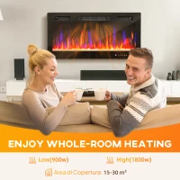 HOMCOM Șemineu Electric de Perete și Încastrat 3 în 1 cu Încălzire Ultra Subțire 9,4 cm, 12 Culori de Flacără 3D și Cristale, 900/1800W Șemineu Electric cu Telecomandă, Ecran Tactil, Timer și Termostat(m-7)