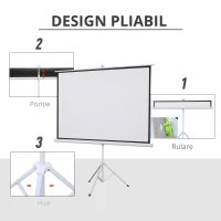 HOMCOM Ecran de Proiecție 84 inch cu Stativ, Suprafață de Proiecție 4:3, Pliabil și Reglabil pe Înălțime, 171x128 cm, Alb(m-4)