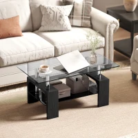 HOMCOM Măsuță de Cafea Modernă cu 2 Nivele din Lemn și Oțel cu Blat din Sticlă Securizată, 90x50x42 cm, Negru(m-7)