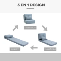 HOMCOM Chauffeuse canapé-lit convertible fauteuil 1 place avec 1 coussin avec dossier réglable, bleu(m-5)