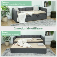 HOMCOM Cadru Pat Simplu 90x190 cm, Canapea cu Al Doilea Pat Extensibil, Tetieră Căptușită, Cotiere, Lamele din Lemn de Plop, pentru Cameră Living Oaspeți, Fără Saltea, Gri Închis(m-4)