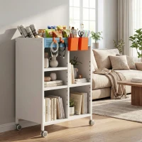 HOMCOM Étagère sur roulettes, 4 niveaux, tablettes réglables & paniers suspendus pour bureau à domicile et salon, Blanc(m-5)