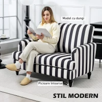 HOMCOM Fotoliu de Living cu Șezut Larg și Cotiere Lungi, Fotoliu din Catifea cu Dungi și Umplutură Groasă, 115x82x82 cm, Negru și Alb(m-4)