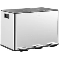 HOMCOM Coș de Gunoi cu 3 Compartimente de 20L, Cu Pedală, Capace cu Închidere Silențioasă, Oțel Inoxidabil și PP, 61,9x36,6x56,7 cm, Argintiu(m-1)