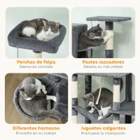 PawHut Árbol Rascador para Gatos con Plataforma Torre Escalador para Gatos con Cama Cuevas Postes de Sisal 60x48x202 cm Gris(m-6)