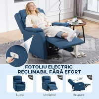 HOMCOM Fotoliu Relax Electric Reclinabil 150° cu Suport pentru Picioare și Port USB, Fotoliu Reclinabil Electric cu Cotiere Largi, Material cu Aspect de In, pentru Living, Dormitor, Albastru(m-4)