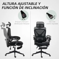 HOMCOM Silla de Escritorio de Malla Reclinable con Reposacabezas Soporte Lumbar Reposapiés y Altura Regulable Carga 135kg Negro(m-9)