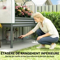 Outsunny Bac de Jardin sur Pieds en Métal avec Serre, Jardinière Surélevée avec Doublure et Étagère Inférieure, Gris Foncé(m-7)