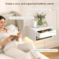 HOMCOM Set 2 Noptiere Suspendate cu LED RGB Integrat și Reglabil prin Aplicație, Sertar și Raft, 37x32x21 cm, Alb(m-5)